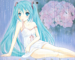 Rule 34 | 1girl, arm support, bare shoulders, dress, female focus, flower, green eyes, green hair, hatsune miku, highres, long hair, lying, matching hair/eyes, mouth hold, ribbon, see-through, sitting, solo, thighs, twintails, very long hair, vocaloid