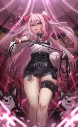 Rule 34 | 1girl, absurdres, bare legs, belt, chain, choker, dog, from below, goddess of victory: nikke, highres, jeze, looking at viewer, pink eyes, pink hair, shiny skin, shirt tucked in, skindentation, thigh strap, thighs, twintails, whip, yuni (nikke)