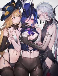 Rule 34 | 3girls, absurdres, arlecchino (genshin impact), bad id, bad pixiv id, bare shoulders, bite mark, bite mark on breast, bite mark on shoulder, black gloves, black panties, black pantyhose, blonde hair, blue eyes, blue hair, blue headwear, blush, breasts, bruise, clorinde (genshin impact), cowboy shot, cuts, drooling, earrings, finger in another&#039;s mouth, genshin impact, gloves, grabbing, grabbing another&#039;s breast, grey hair, hat, hickey, highres, holding another&#039;s wrist, injury, jewelry, large breasts, lipstick mark, lipstick mark on face, lipstick mark on shoulder, long hair, looking at another, multicolored nails, multiple girls, navel, navia (genshin impact), open mouth, panties, pantyhose, parted lips, qiandaiyiyu, saliva, simple background, slap mark, smile, stomach slap mark, thighs, tongue, torn clothes, torn pantyhose, underwear, vision (genshin impact), yuri