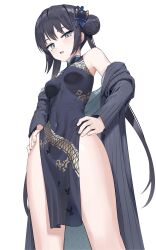Rule 34 | 1girl, absurdres, black dress, black hair, black jacket, blue archive, breasts, butterfly hair ornament, covered navel, double bun, dragon print, dress, goback, grey eyes, hair bun, hair ornament, hands on own hips, highres, jacket, kisaki (blue archive), long hair, looking at viewer, medium breasts, open mouth, pelvic curtain, print dress, simple background, sleeveless, sleeveless dress, solo, striped clothes, striped jacket, thighs, twintails, vertical-striped clothes, vertical-striped jacket, white background