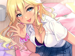 Rule 34 | 1girl, bed, blonde hair, blue eyes, blue skirt, breasts, cleavage, earrings, gyaru, heart, heart earrings, indoors, jewelry, leaning forward, long hair, medium breasts, nail polish, necklace, on bed, original, pillow, pink nails, pink scrunchie, pleated skirt, scrunchie, shirt, skirt, slippers, unworn slippers, solo, tan, tongue, tongue out, trash can, tsukana (saba mizore), white shirt, wrist scrunchie