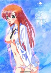 Rule 34 | 00s, 1girl, blush, bottomless, breasts, code geass, female focus, long hair, medium breasts, necktie, nipples, no bra, open mouth, panties, panty pull, shirley fenette, solo, underwear, undressing, watermark