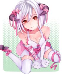 Rule 34 | 1girl, animal hands, bare shoulders, breasts, cleavage, gloves, halftone, halftone background, horn ornament, horn ribbon, horns, looking at viewer, original, paw gloves, red eyes, ribbon, settyaro, short hair, sitting, solo, wariza, white hair