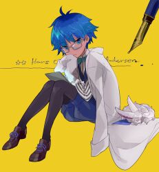 Rule 34 | 1boy, blue eyes, blue hair, blue shorts, blue vest, bow, bowtie, brown footwear, character name, closed mouth, coat, fate/grand order, fate (series), fou (fate), frown, glasses, grey-framed eyewear, hans christian andersen (fate), looking to the side, male focus, pen, rakuchii (rurituvo), shirt, shorts, sitting, solo, striped clothes, striped shirt, vest, white coat, yellow background