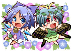 Rule 34 | 2girls, antennae, aqua hair, barefoot, blue bow, blue dress, blue eyes, blue flower, blue hair, blush stickers, bow, butterfly wings, chibi, cirno, dress, eternity larva, fairy, flower, full body, green dress, hair between eyes, hair bow, ice, ice wings, insect wings, leaf, leaf on head, morning glory, multicolored clothes, multicolored dress, multiple girls, open mouth, pink flower, purple flower, red eyes, shirt, short hair, single strap, smile, sugiyama ichirou, sunflower, tanned cirno, touhou, white shirt, wings, yellow flower