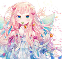 Rule 34 | 1girl, aqua eyes, arm up, bare shoulders, blue dress, blush, bow, clover, dress, fairy wings, flower, four-leaf clover, hair bow, hair flower, hair ornament, hand to own mouth, ibara riato, long hair, original, pink hair, ribbon, solo, upper body, wings, wrist cuffs, wrist ribbon
