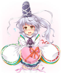 Rule 34 | 1girl, blush, box, brown eyes, detached sleeves, female focus, frilled skirt, frills, gift, gift box, giving, hat, incoming gift, japanese clothes, mononobe no futo, pom pom (clothes), ponytail, shy, signature, silver hair, simple background, skirt, solo, strap, sweatdrop, tate eboshi, thighhighs, touhou, valentine, white thighhighs, wide sleeves, windart, zettai ryouiki