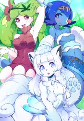 Rule 34 | 3girls, all fours, alolan form, alolan vulpix, animal ears, animal hands, animalization, arm up, armpits, artist name, ass, bad id, bad twitter id, bare shoulders, blue eyes, blue hair, blue skin, blunt bangs, blush, bottomless, braid, breasts, bright pupils, brionne, cleavage, collarbone, colored skin, creatures (company), flower, fox ears, fox tail, furrification, furry, furry female, game freak, gen 7 pokemon, gradient eyes, grass, green eyes, green hair, hair flower, hair ornament, hand up, headband, highres, lana (pokemon), lillie (pokemon), long hair, looking at viewer, mallow (pokemon), medium breasts, multicolored eyes, multiple girls, navel, nintendo, open mouth, outdoors, pink eyes, pokemon, pokemon (anime), pokemon (creature), pokemon sm, pokemon sm (anime), purple flower, shiny skin, shirt, short hair, signature, sky, sleeveless, sleeveless shirt, slugbox, small breasts, smile, standing, steenee, strapless, tail, teeth, text focus, tube top, twin braids, underboob, white hair, white shirt, white tube top