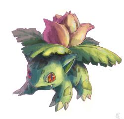 Rule 34 | claws, closed mouth, commentary request, creatures (company), fangs, fangs out, flower, full body, game freak, gen 1 pokemon, highres, ivysaur, looking at viewer, masshu (shu 123426), nintendo, no humans, pink flower, pokemon, pokemon (creature), procreate (medium), red eyes, simple background, solo, white background