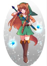 Rule 34 | 1girl, animal ear fluff, animal ears, blunt bangs, boots, border, breasts, brown footwear, brown sleeves, collarbone, commentary, commission, cosplay, dot nose, english commentary, eyelashes, fairy, floating hair, gradient background, green hat, green tunic, grey background, hat, highres, holding, holding sword, holding weapon, knee boots, link (shounen captain), link (shounen captain) (cosplay), long hair, long sleeves, looking at viewer, master sword, medium bangs, medium breasts, nintendo, nonoworks, purple eyes, raccoon ears, raccoon tail, raphtalia, sidelocks, signature, smile, solo, sparkle background, standing, straight-on, sword, tail, tate no yuusha no nariagari, the legend of zelda, the legend of zelda (nes), thighs, very long hair, watermark, weapon, white border