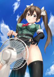 Rule 34 | 10s, 1girl, black gloves, black thighhighs, blue sky, blush, breasts, brown eyes, brown hair, cloud, covered erect nipples, day, elbow gloves, electric fan, fanning crotch, from below, gloves, gradient background, hair ribbon, impossible clothes, jilllxlxl, kantai collection, long hair, looking down, medium breasts, no panties, pelvic curtain, pussy, ribbon, single elbow glove, single thighhigh, sky, solo, sweat, thighhighs, tone (kancolle), tone kai ni (kancolle), twintails, uncensored