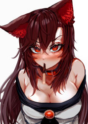 Rule 34 | 1girl, animal collar, animal ears, bare shoulders, blush, breasts, brown hair, cleavage, collar, collarbone, ehrrr, food, food in mouth, hair between eyes, highres, imaizumi kagerou, large breasts, looking at viewer, pocky, pocky day, raised eyebrow, red eyes, sidelocks, solo, touhou, twitter username, white background