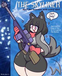 Rule 34 | 1girl, animal ears, black hair, english text, eyelashes, female focus, gensin, gun, happy, holding, holding gun, holding weapon, open mouth, pink eyes, skin tight, smile, solo, sparkle, standing, tail, tail wagging, thick thighs, thighhighs, thighs, weapon, wide hips, wolf ears, wolf girl, wolf tail, zettai ryouiki