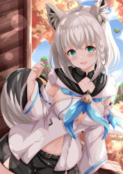 Rule 34 | 1girl, :d, ahoge, animal ear fluff, animal ears, black shorts, blue sky, blush, braid, breasts, cloud, commentary request, day, detached sleeves, fox ears, fox girl, fox tail, green eyes, grey hair, hair between eyes, hand up, highres, hololive, hood, hood down, indoors, long hair, long sleeves, medium breasts, navel, open mouth, ribbon-trimmed sleeves, ribbon trim, shirakami fubuki, shirakami fubuki (1st costume), short shorts, shorts, sky, smile, solo, tail, tree, very long hair, virtual youtuber, white sleeves, wide sleeves, xenon (for achieve)