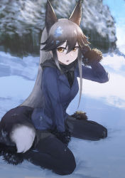 Rule 34 | 10s, 1girl, absurdres, animal ears, black gloves, black necktie, blazer, blurry, blush, bow, bowtie, brown eyes, day, depth of field, emoshon, forest, fox ears, fox tail, from side, fur trim, gloves, grey skirt, hair between eyes, highres, jacket, kemono friends, long hair, long sleeves, looking at viewer, nature, necktie, open mouth, outdoors, pantyhose, pleated skirt, silver fox (kemono friends), silver hair, sitting, skirt, snow, solo, tail, very long hair, wariza