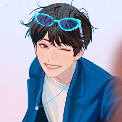 Rule 34 | 1boy, black hair, blackbox (blackbox9158), blue-framed eyewear, blue jacket, commentary, jacket, jewelry, lapels, looking at viewer, male focus, necklace, notched lapels, one eye closed, open clothes, open jacket, original, shirt, short hair, smile, solo, symbol-only commentary, teeth, twitter username, upper body, white shirt
