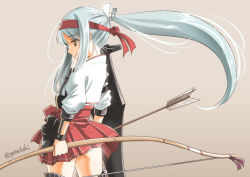 Rule 34 | 10s, 1girl, alternate hairstyle, arrow (projectile), bow (weapon), brown eyes, flight deck, hakama, hakama skirt, holding, japanese clothes, kantai collection, long hair, muneate, pleated skirt, ponytail, red hakama, shoukaku (kancolle), silver hair, skirt, smile, sogabe toshinori, solo, very long hair, weapon, wind