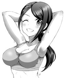 Rule 34 | 1girl, armpits, arms behind head, arms up, blush, bra, breasts, cleavage, collarbone, dripping, greyscale, grin, highres, idolmaster, idolmaster cinderella girls, large breasts, midriff peek, monochrome, one eye closed, parted bangs, ponytail, sidelocks, simple background, smile, sports bra, stained clothes, sweat, underwear, vzmk2, white background, yamato aki