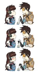 Rule 34 | 2girls, 3koma, :d, ^^^, animal print, armor, black gloves, blush, blush stickers, bodysuit, bomber jacket, breasts, brown eyes, brown hair, brown jacket, chest harness, closed mouth, comic, d.va (overwatch), ear piercing, embarrassed, emblem, facepaint, facial mark, from side, gloves, goggles, grin, guo (cat78952), harness, headphones, high collar, holding hands, interlocked fingers, jacket, logo, long sleeves, looking at another, military rank insignia, multiple girls, nose blush, open mouth, overwatch, overwatch 1, pauldrons, piercing, pilot suit, pout, rabbit print, ribbed bodysuit, short sleeves, shoulder armor, shoulder pads, simple background, skin tight, sleeves rolled up, smile, spiked hair, strap, sweatdrop, teeth, tracer (overwatch), turtleneck, upper body, vambraces, whisker markings, white background, yuri