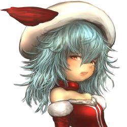 Rule 34 | 1girl, bare shoulders, blue hair, curiosities of lotus asia, dress, fangs, hair between eyes, hat, hawthorn, looking at viewer, nose, open mouth, red dress, red eyes, remilia scarlet, simple background, solo, touhou, upper body, white background, white hat