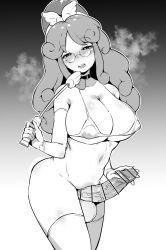 Rule 34 | 1girl, absurdres, accord sensei, bar censor, breasts, censored, erection, futanari, glasses, greyscale, highres, large breasts, long hair, looking at viewer, makin tama, monochrome, navel, open mouth, penis, puyopuyo, solo, standing, testicles