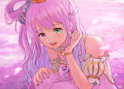 Rule 34 | 1girl, arm strap, candy hair ornament, crescent, crescent earrings, crown, detached collar, dress, earrings, food-themed hair ornament, gradient hair, green eyes, hair behind ear, hair ornament, hair rings, hand in own hair, hand on own knee, heterochromia, himemori luna, himemori luna (1st costume), hololive, jewelry, looking down, momo hiki, multicolored hair, open mouth, pink dress, pink hair, princess, purple eyes, purple hair, side ponytail, solo, virtual youtuber