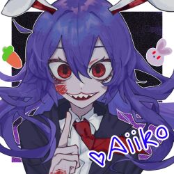Rule 34 | 1girl, aiiko123, animal ears, artist name, black jacket, blazer, blood, blood on face, blood on hands, carrot, commentary request, eyelashes, hair between eyes, index finger raised, jacket, long bangs, long hair, long sleeves, looking at viewer, necktie, open mouth, purple hair, rabbit ears, rabbit girl, red eyes, red necktie, reisen udongein inaba, sharp teeth, shirt, smile, solo, teeth, touhou, upper body, upper teeth only, white shirt