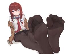 Rule 34 | 1girl, belt, black pantyhose, black shorts, blush, brown jacket, collared shirt, commentary request, dorsiflexion, embarrassed, eyelashes, feet, foot focus, foreshortening, full body, hair between eyes, highres, jacket, kahlua (artist), legs, long hair, long sleeves, looking at viewer, makise kurisu, necktie, no shoes, off shoulder, on ground, open clothes, open jacket, pantyhose, purple eyes, red hair, red necktie, see-through, see-through legwear, shadow, shirt, short shorts, shorts, simple background, sitting, soles, solo, spread toes, steins;gate, sweatdrop, toes, white background, white belt, white shirt