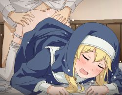 Rule 34 | 1boy, 1girl, all fours, blonde hair, blush, clarice (idolmaster), closed eyes, clothed sex, clothes pull, commentary request, doggystyle, hetero, idolmaster, idolmaster cinderella girls, jaggy lines, long hair, long sleeves, nun, open mouth, panties, panty pull, pantyhose, sex, sex from behind, solo focus, sweat, thighhighs, tomu (tomubobu), underwear, white panties, white thighhighs