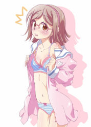 Rule 34 | 10s, blush, bow, bow panties, bra, breasts, brown eyes, brown hair, cleavage, glasses, gundam, gundam build fighters, hairband, kousaka china, panties, simple background, small breasts, solo, striped bra, striped clothes, striped panties, totsuki touka (orange factory), underwear, undressing, uniform
