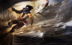 Rule 34 | 1boy, belt, bird, boots, cloud, dark persona, male focus, muscular, ocean, prince (sands of time), prince of persia, sail, sand, scarf, ship, solo, ubisoft, water, watercraft, waves