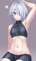 Rule 34 | 1girl, abs, arm up, armpits, bare arms, bare shoulders, bike shorts, black shorts, blue eyes, collarbone, commentary request, covered collarbone, grey background, grey hair, hair intakes, hair over one eye, highres, long hair, looking at viewer, myouan, navel, original, parted lips, ponytail, short shorts, shorts, simple background, sitting, solo, squiggle