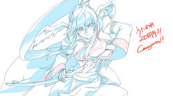 Rule 34 | 1girl, absurdly long hair, ainu clothes, animal ears, aquaplus, baiola, blue theme, blush, breasts, closed mouth, cowboy shot, eyes visible through hair, gauntlets, hair between eyes, high ponytail, highres, holding, holding sheath, holding sword, holding weapon, katana, long hair, long sleeves, looking to the side, medium breasts, monochrome, ponytail, sheath, sheathed, sidelocks, signature, solo, sword, touka (utawarerumono), utawarerumono, very long hair, weapon, wide sleeves