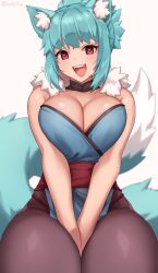 Rule 34 | 1girl, :d, animal ear fluff, animal ears, aqua hair, artist name, bare shoulders, between legs, bikini, blue bikini, blue kimono, breasts, breasts squeezed together, brown pantyhose, cleavage, commission, fangs, hand between legs, highres, iwbitu, japanese clothes, kimono, large breasts, looking at viewer, open mouth, original, pantyhose, red eyes, short hair, short kimono, simple background, sitting, smile, solo, strapless kimono, swimsuit, tail, teeth, thick thighs, thighs, twitter username, upper teeth only, white background