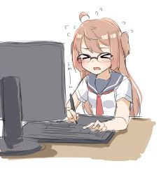 Rule 34 | &gt; &lt;, 1girl, ahoge, amemiya sekira, blouse, blue sailor collar, blush, brown hair, closed eyes, commentary request, computer, drawing tablet, flying sweatdrops, glasses, graphic tablet, highres, long hair, monitor, neckerchief, open mouth, original, red neckerchief, sailor collar, school uniform, sekira ame, serafuku, shirt, short sleeves, simple background, sitting, sketch, solo, stress, stylus, tears, two side up, upper body, white background, white shirt