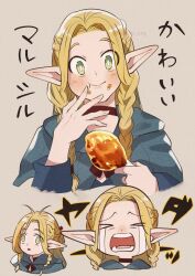 Rule 34 | &gt; &lt;, 1girl, :t, blonde hair, blue capelet, braid, capelet, chicken (food), chicken leg, choker, closed mouth, cropped shoulders, cropped torso, crying, dungeon meshi, elf, facing viewer, food, food on face, french braid, green eyes, hands up, happy, holding, holding food, hood, hood down, hooded capelet, kokutan kiseru, long hair, long sleeves, looking ahead, looking at viewer, marcille donato, messy hair, multiple braids, multiple views, open mouth, parted bangs, pointy ears, side braid, simple background, streaming tears, tantrum, tears, wall-eyed