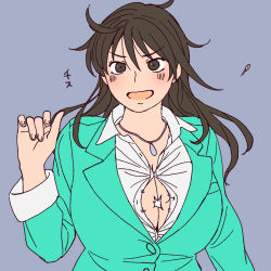 Rule 34 | ahoge, aqua jacket, breasts, brown eyes, brown hair, buttons, character request, check character, cleavage, grey background, highres, huge breasts, jacket, jewelry, long sleeves, necklace, onsen tamago (hs egg), open mouth, original, popped button, shirt, simple background, smile, upper body, wardrobe malfunction, white shirt