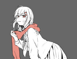 Rule 34 | 1girl, ass, closed mouth, commentary request, cowboy shot, from side, grey background, hair between eyes, hair ornament, hairclip, holding, holding clothes, holding scarf, kagerou project, leaning to the side, lineart, long hair, long sleeves, looking at viewer, neckerchief, pleated skirt, red eyes, red scarf, sailor collar, scales, scarf, school uniform, serafuku, simple background, sketch, skirt, slit pupils, solo, spot color, tateyama ayano, wastegoma