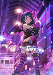 Rule 34 | 1girl, artist name, bare shoulders, black bow, black choker, black vest, blue hair, blush, bow, building, ceiling light, choker, closed mouth, commentary request, dated, demon girl, demon horns, demon tail, demon wings, detached sleeves, earrings, facial mark, feet out of frame, frilled sleeves, frills, garter straps, heart, highres, holding, holding wand, hood, hood up, hooded vest, hoodie, horns, horns through headwear, jewelry, lace, lace-trimmed legwear, lace trim, long sleeves, looking at viewer, love live!, love live! school idol festival, love live! school idol festival all stars, love live! sunshine!!, miniskirt, nail polish, open clothes, open vest, petals, pink nails, plaid, plaid skirt, pleated skirt, purple eyes, purple thighhighs, shamakho, short hair, signature, skirt, smile, solo, standing, striped clothes, striped thighhighs, tail, thighhighs, tsushima yoshiko, v, vest, wand, white skirt, wings, zettai ryouiki