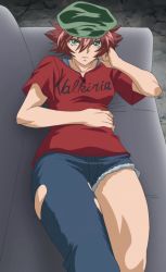 Rule 34 | 10s, 1girl, asymmetrical clothes, couch, green eyes, hat, jeans, looking at viewer, lying, nanjou kisara, on back, red hair, screencap, shijou saikyou no deshi ken&#039;ichi, short hair, solo, stitched, third-party edit, torn clothes, torn jeans
