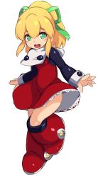 Rule 34 | 1girl, :d, black shirt, blonde hair, blush, boots, commentary request, dress, full body, green eyes, green ribbon, hair between eyes, hair ribbon, karukan (monjya), knee boots, long sleeves, looking at viewer, mega man (classic), mega man (series), open mouth, ponytail, red dress, red footwear, ribbon, roll (mega man), shirt, simple background, smile, solo, white background