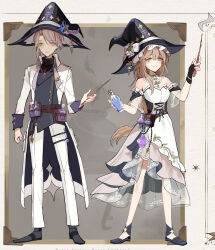 Rule 34 | 1boy, 1girl, alternate costume, ankle wrap, arm at side, bazhua, belt, belt pouch, black corset, black footwear, black gloves, black hat, black shirt, border, bottle, bow, braid, brown belt, brown hair, cauldron, chain, chain necklace, clenched hand, closed mouth, coat, collared coat, corset, cuff links, curtained hair, detached collar, detached sleeves, dress, dress flower, expressionless, falling feathers, feathers, fingerless gloves, full body, gloves, green eyes, grey background, hair between eyes, hand up, harry potter: magic awakened, harry potter: magic awakened design award, harry potter (series), hat, hat bow, hat feather, high-low skirt, highres, holding, holding bottle, holding wand, jewelry, lapel pin, lapels, legs apart, long hair, long sleeves, looking at viewer, monocle, necklace, notched lapels, open clothes, open coat, outside border, pants, parted lips, potion, pouch, see-through, see-through dress, see-through sleeves, shirt, shoes, short hair, short sleeves, single braid, single glove, single sidelock, sleeve cuffs, smile, sparkle print, standing, swept bangs, thigh strap, turtleneck, vial, wand, white border, white bow, white coat, white dress, white pants, witch hat