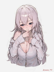Rule 34 | 1girl, artist name, blue eyes, blush, breasts, cleavage, closed mouth, commentary request, commission, grey hair, hair between eyes, highres, large breasts, long hair, long sleeves, looking down, original, pixiv commission, sanyu (ry thae), shirt, simple background, single bare shoulder, solo, sooon, upper body, white background, white shirt