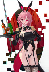 Rule 34 | 1girl, :d, alcohol, animal ears, azur lane, bad id, bad pixiv id, black coat, black gloves, black panties, black shirt, blouse, bottle, bow, bowtie, breasts, cirilla lin, cleavage, coat, cowboy shot, crop top, detached collar, duca degli abruzzi (azur lane), epaulettes, fake animal ears, fishnets, garter straps, gloves, hand on own hip, highleg, highleg panties, highres, holding, large breasts, long hair, long sleeves, looking away, mechanical arms, navel, no pants, open clothes, open coat, open mouth, panties, pink hair, rabbit ears, red eyes, revision, shirt, single glove, single mechanical arm, smile, solo, standing, stomach, tailcoat, thighhighs, thighs, tongue, tongue out, tray, underwear, wine bottle