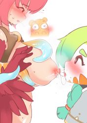 Rule 34 | 1other, 2girls, absurdres, after breast sucking, blush, braid, breastfeeding, breasts, coco (eogks), feathers, green hair, harpy, highres, incest, lactation, large breasts, long hair, mako (eogks), monster girl, multiple girls, nipples, nn (eogks), open mouth, original, poncho, red feathers, red hair, saliva, saliva trail, siblings, sisters, tentacles, tongue, tongue out, white background, winged arms, wings, yuri
