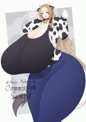 Rule 34 | 1girl, animal ears, animal print, artist name, blue eyes, blush, bottle, breasts, brown hair, cleavage, cow ears, cow girl, cow horns, cow print, cow tail, cowbell, cowboy shot, curvy, denim, gigantic breasts, happy, heart, highres, horns, jeans, long hair, looking at viewer, milk bottle, neck bell, open mouth, original, pants, plump, sagging breasts, sidelocks, smile, solo, speech bubble, spoken heart, standing, tail, thick eyebrows, thick thighs, thighs, very long hair, white background, wide hips, yasume (cheap melon soda)