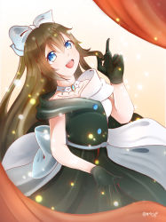 Rule 34 | 1girl, absurdres, aqua bow, aqua eyes, artist name, artist request, back bow, bare shoulders, belt, black dress, black gloves, black skirt, blue eyes, blush, bow, breasts, brown hair, buttons, choker, cleavage, collarbone, dress, drop earrings, earrings, female focus, gloves, grey bow, grey skirt, hair between eyes, hair bow, high ponytail, highres, index finger raised, jewelry, lace, lace gloves, long hair, looking at viewer, love live!, love live! nijigasaki high school idol club, love live! school idol festival, multicolored clothes, necklace, off-shoulder dress, off shoulder, osaka shizuku, parted lips, pointing, pointing up, ponytail, sidelocks, skirt, sleeveless, sleeveless dress, small breasts, smile, solitude rain (love live!), solo, two-tone dress, white bow, white dress, white skirt