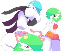 Rule 34 | 3girls, :3, alternate color, animal ears, ass, bare shoulders, black panties, blue hair, butt crack, cameltoe, cat ears, cat tail, clothed pokemon, colored skin, creatures (company), crop top, cropped legs, female focus, from behind, from below, game freak, gardevoir, gen 3 pokemon, hair over one eye, half-closed eyes, hand up, highres, looking at viewer, looking back, looking down, loveboxf, mega gardevoir, mega pokemon, midriff, multiple girls, nintendo, open mouth, orange eyes, orange shorts, panties, pink eyes, pokemon, pokemon (creature), shiny pokemon, shirt, short hair, short shorts, shorts, simple background, skitty, sleeveless, sleeveless shirt, smile, tail, underwear, watermark, white background, white shirt, white skin