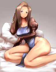 Rule 34 | 1girl, artdink, bad id, bad pixiv id, breasts, brown eyes, brown hair, curvy, dress, hun (uyonis), legs, long hair, olivia fournier, olivya phoraena, shirt, side slit, sitting, smile, solo, tactics ogre, taut clothes, taut shirt, thighs, wide hips