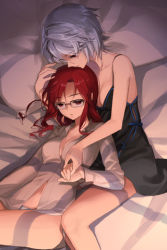 Rule 34 | 2girls, bare legs, bare shoulders, bed, blouse, blue hair, breasts, cleavage, collarbone, expressionless, glasses, holding, holding hands, hug, hug from behind, iri flina, lingerie, long hair, lowres, lying, midriff, multiple girls, navel, nearly naked shirt, no eyepatch, no pants, on back, on bed, on side, panties, parted bangs, pillow, red hair, ribbon, salt (salty), shadow, shirt, short hair, sword girls, underwear, vernika answer, white panties, yuri